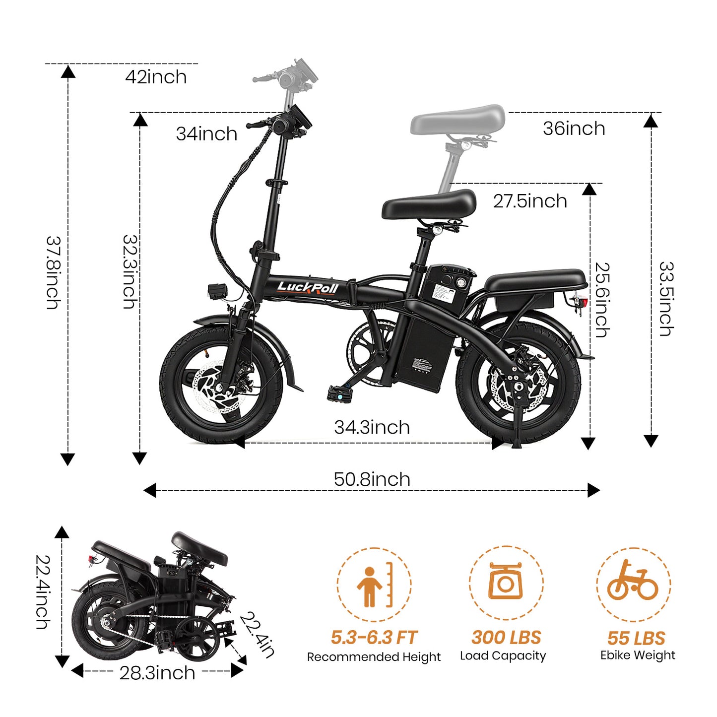 14-Inch Portable Commuter E-Bike Classic Peak Foldable Removable Battery Bicycle