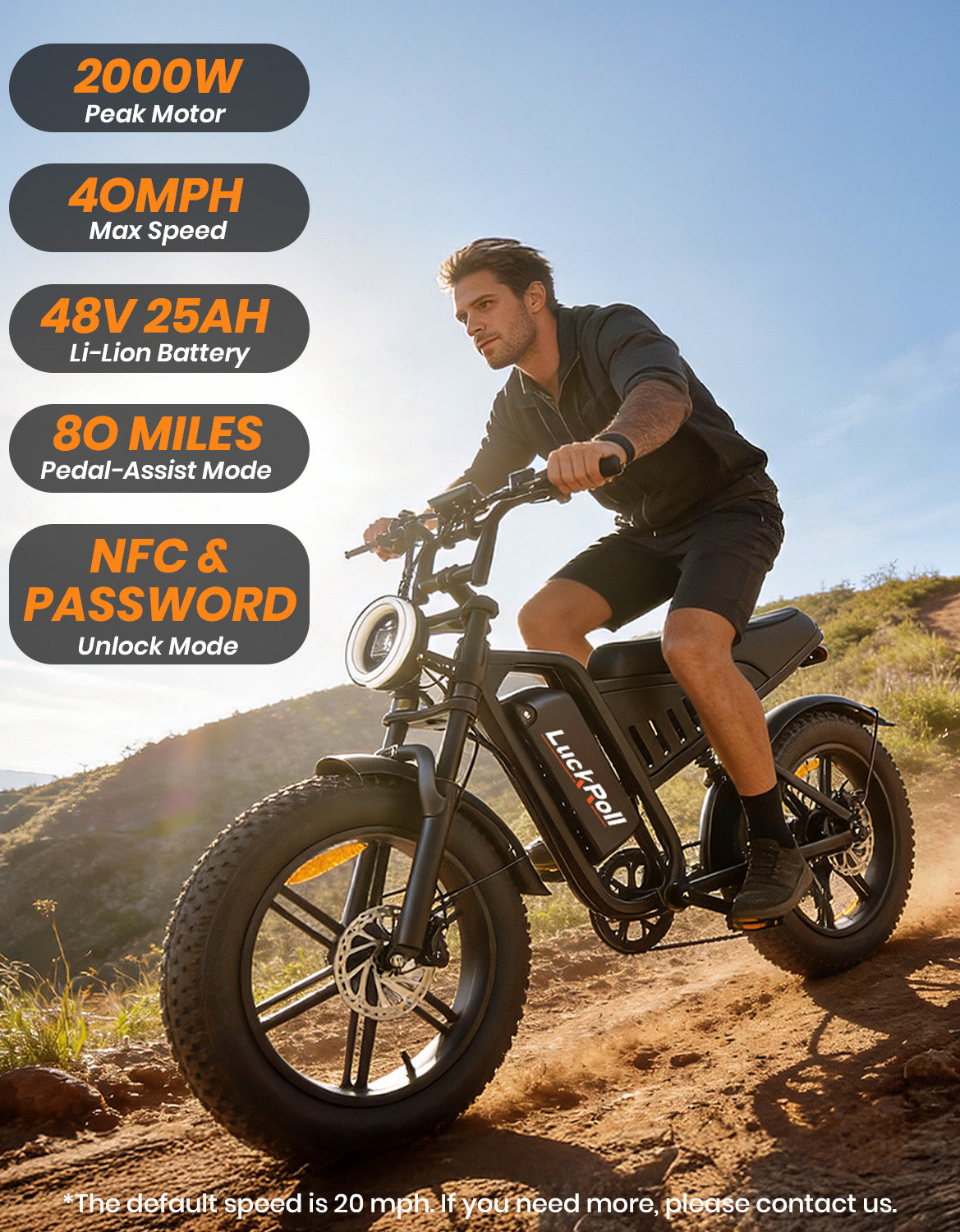 20-Inch Fat Tire Electric Dirt Bike 2000/1500W Moped with NFC & Password Unlock