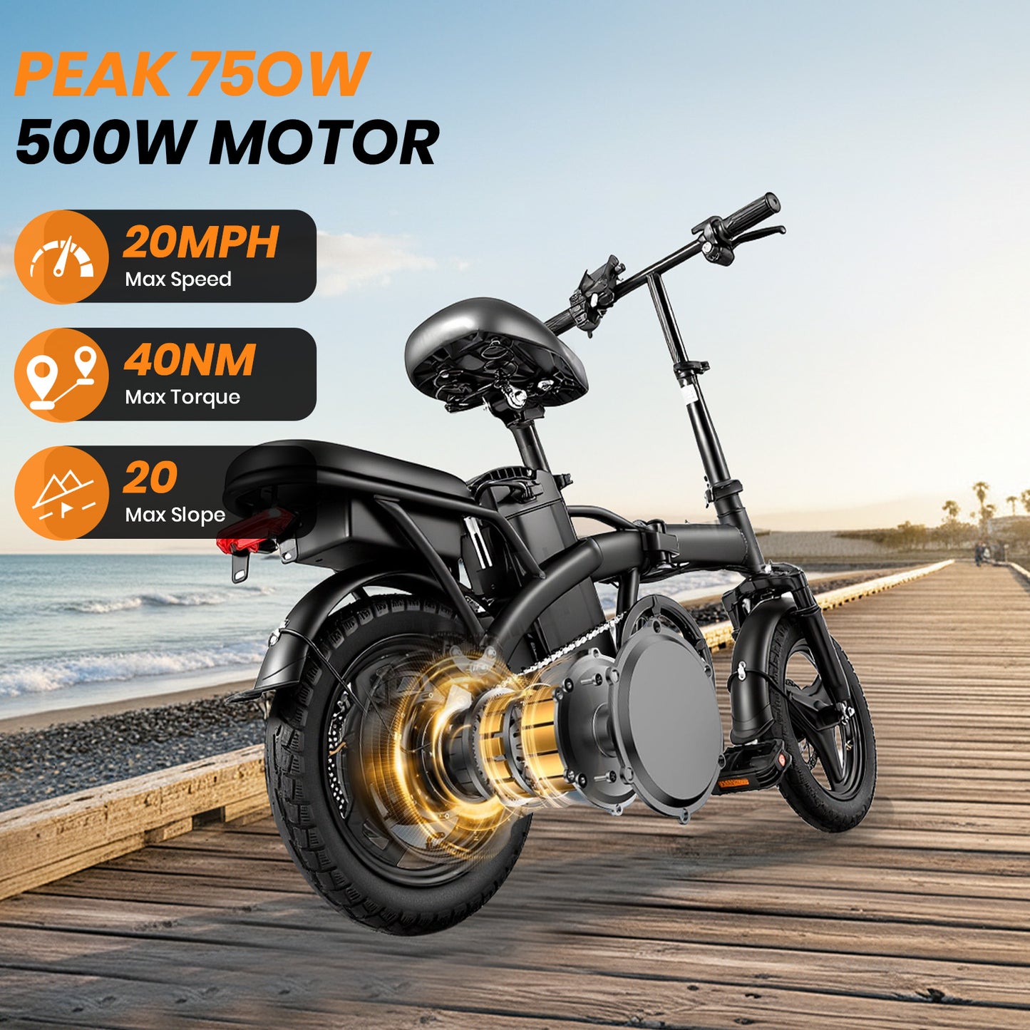 14-Inch Portable Commuter E-Bike Classic Peak Foldable Removable Battery Bicycle