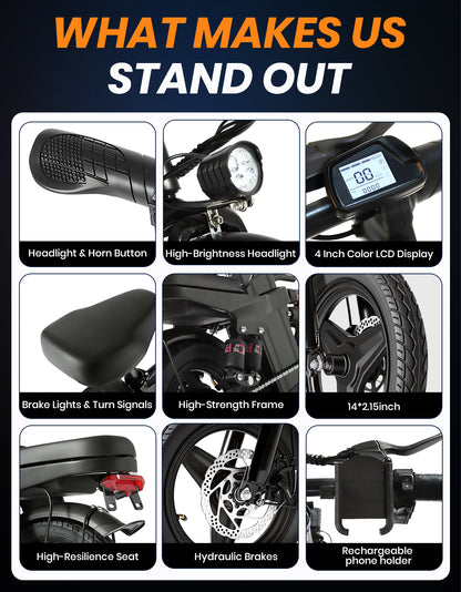 14-Inch Commuter Electric Bicycle for Adults 1000W Motor 60–80 Miles Range